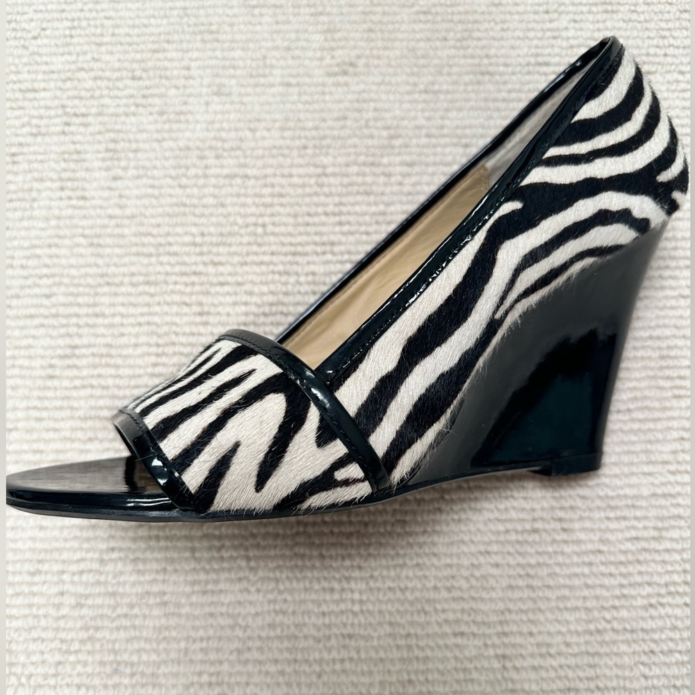 Michael Kors - Zebra striped, open toe wedges. Patent leather and pony